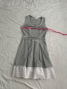Navy White Striped Fit & Flare Dress Lace Hem Size Large